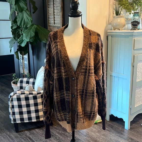 Free People Sweaters - Free People Brown Plaid Button-Up Cardigan